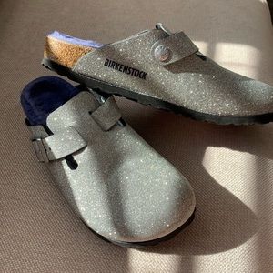 Birkenstock | Shoes | Birkenstock Boston Shearling Birko Flor Glitter Dust  Silver | Poshmark